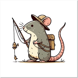 cute rat fishing with fishing rod Posters and Art